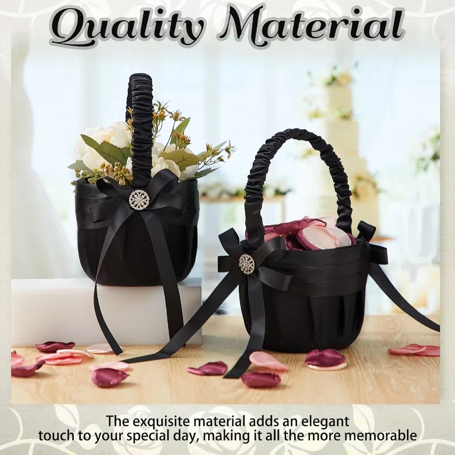 2 Pcs Wedding Black Flower Girl Basket Gothic Flower Basket for Wedding Ceremony Satin Rhinestone with Handle for Petals Confet