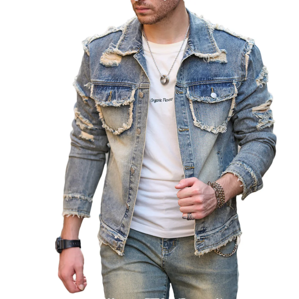 Street Stylish Retro Style Holes Slim Street Denim Jacket Coat Good Quality Distressed Male Casual Denim Jacket