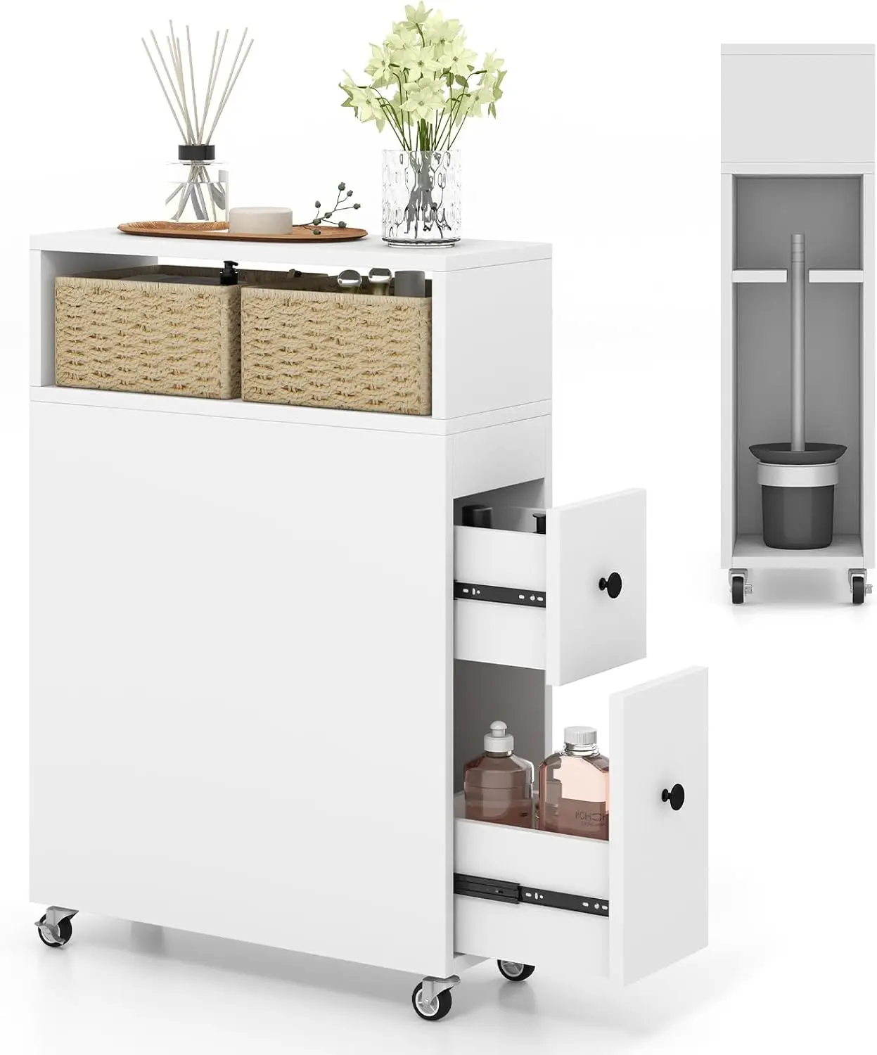 Slim White Bathroom Cabinet 2 Drawers Baskets Rolling Wheels Brush Holder Storage Organizer Over Toilet Small Narrow Space