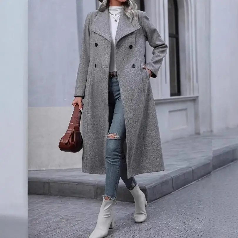 

Faionable Long Woolen Coat for Women Slim Fit Double Breasted Windproof Collar Stand up Autumn Winter Outerwear Ladies