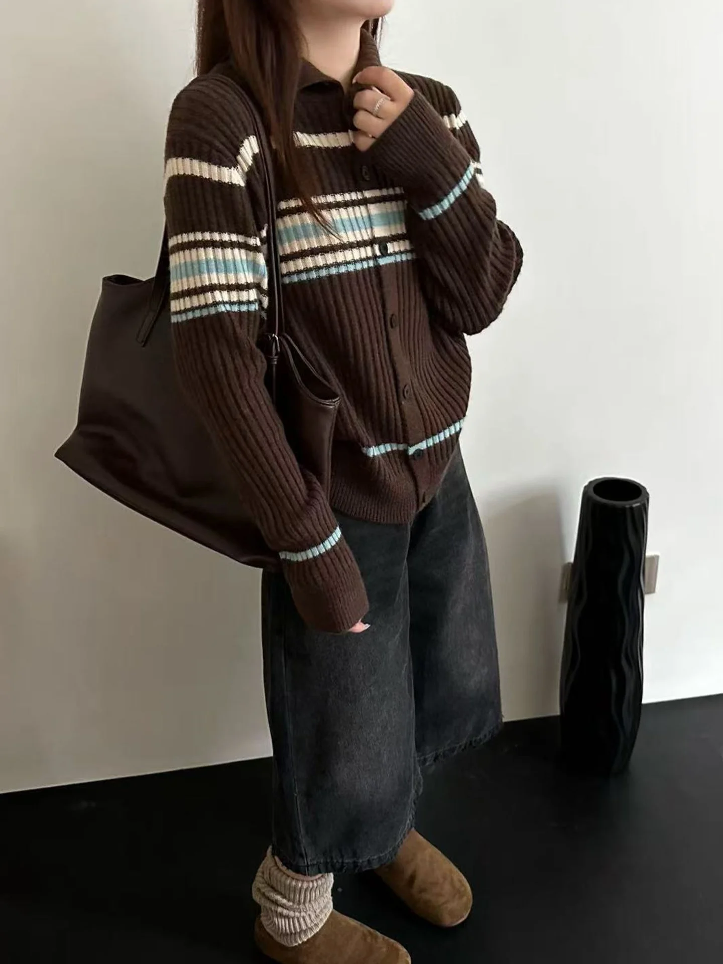 Couleur Blo rayé tricots longue Sve couche de base décontractée haut hiver respectueux de la peau anti-âge coréen Sle Faionable ouvert...