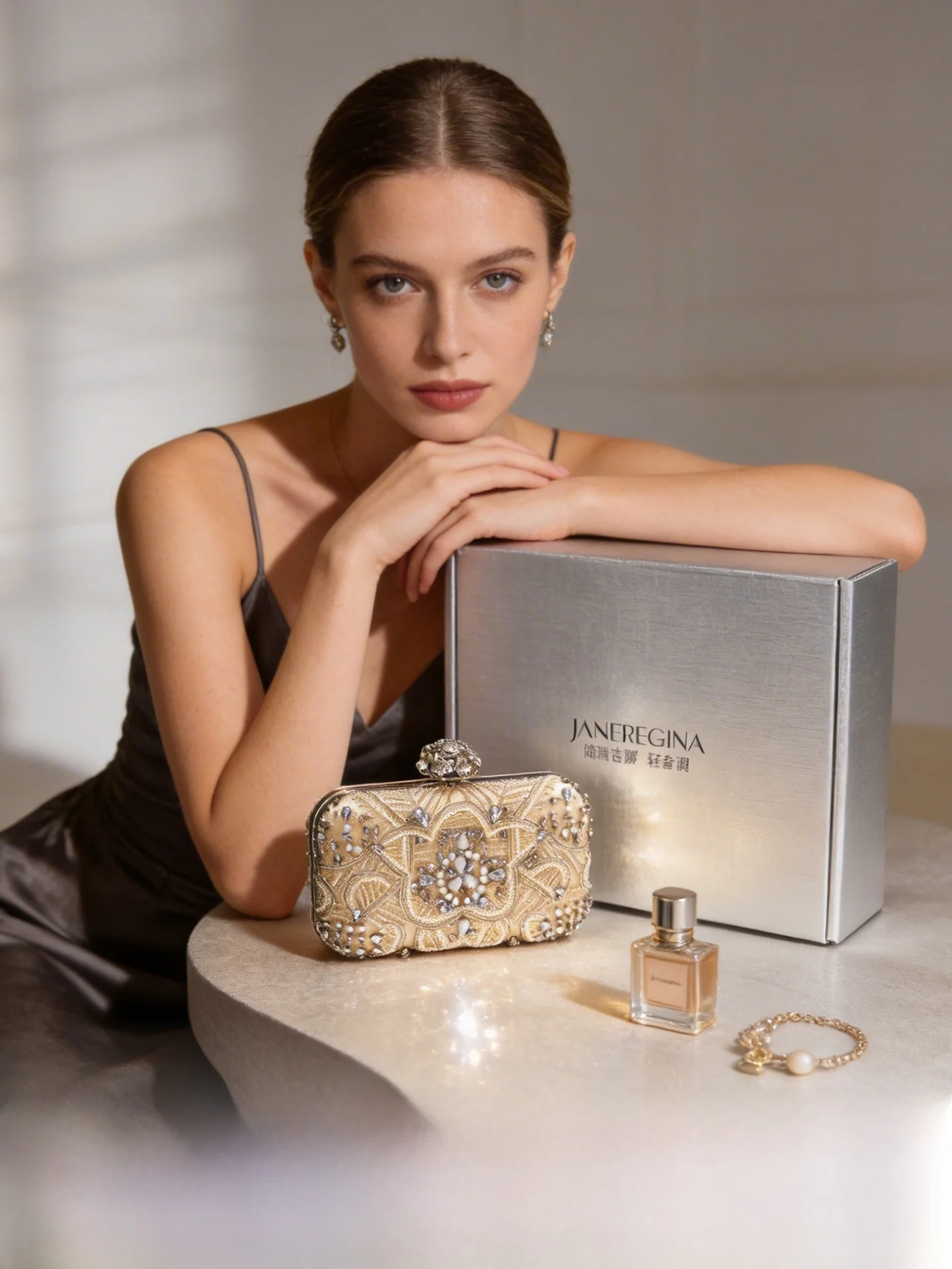 

Elegant Diamond Embellished Handbag Evening Clutch Bag for Women Sweet Lady Style Lock Buckle Closure Square Shape Polye...