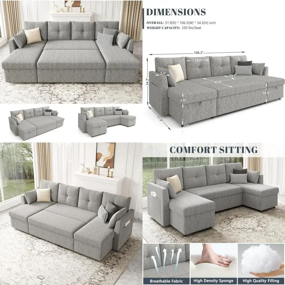 

extended size convertible sleeper sofa with 110" pull-out bed and dual storage chaise, sectional couch bed with side section