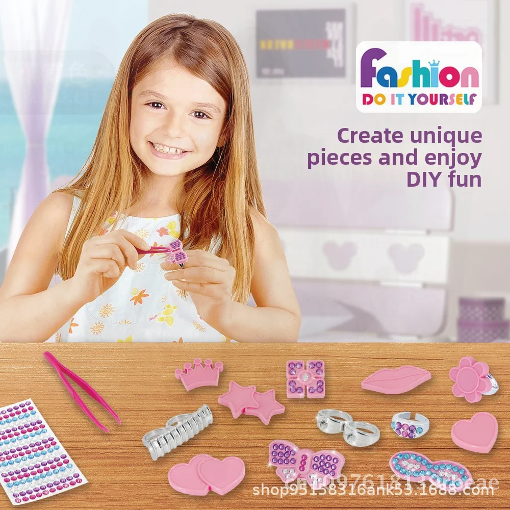 DIY Rhinestone Ring Jewelry Set for Girls Princess Dress-Up Toy Parent-Child Play House Accessory Beauty Makeup Toy for Kids