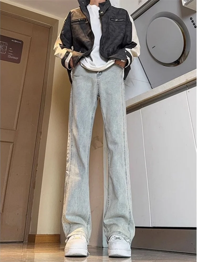 Light Blue Elastic Slim Fit Micro Flared Jeans Men's Autumn Winter Trendy Straight Leg Jeans Cleanfit Long Pants