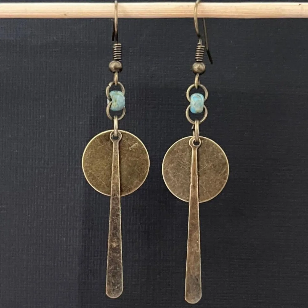 Boho Turquoise Retro Bronze Color Geometric Round Long Dangle Earrings for Women Ethnic Drop Earrings Stainless Steel Jewelry