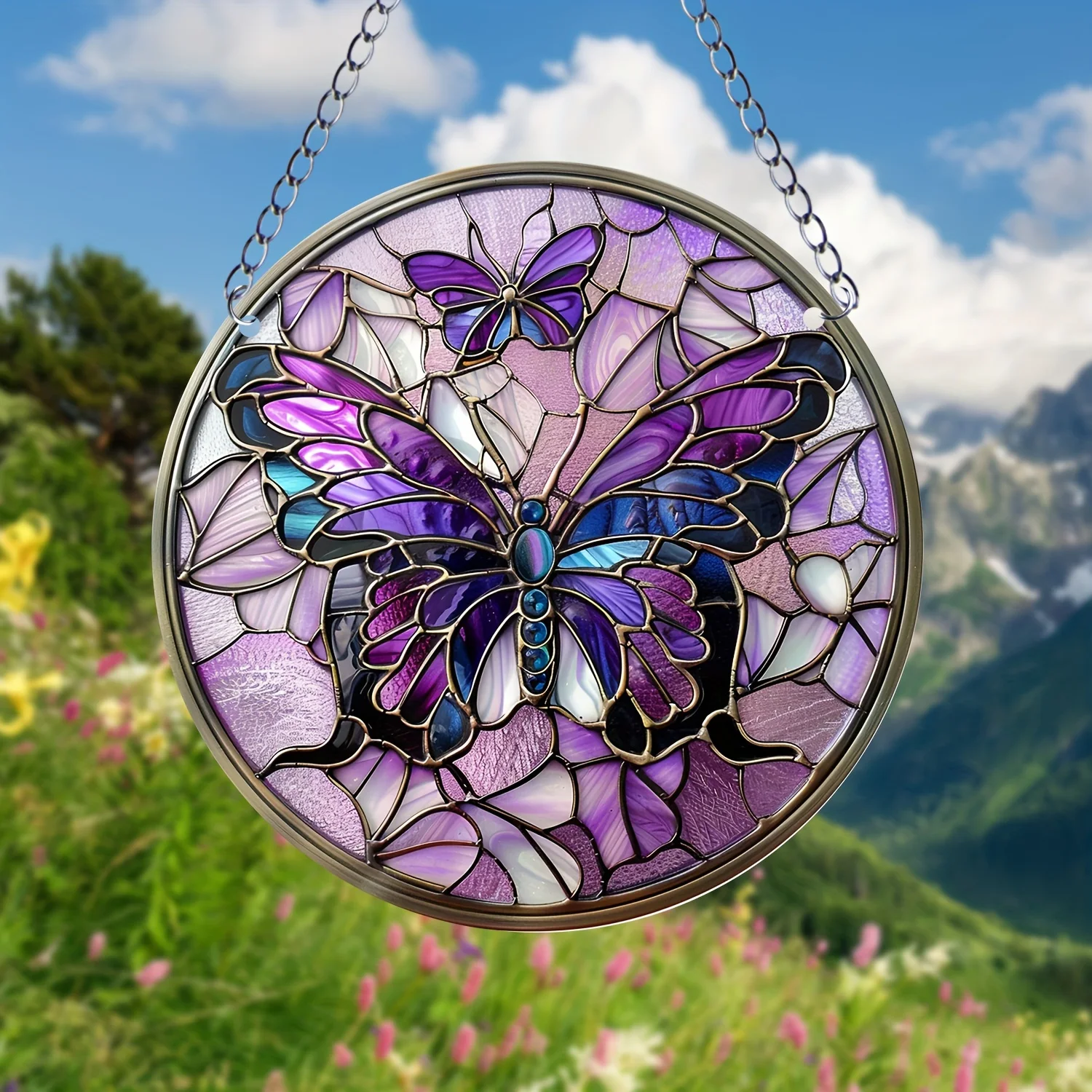 1pc Butterfly Window Suncatcher Wall Hanging Decoration Round Stained Acrylic Wall Art  for Courtyard Family Gift Colleague