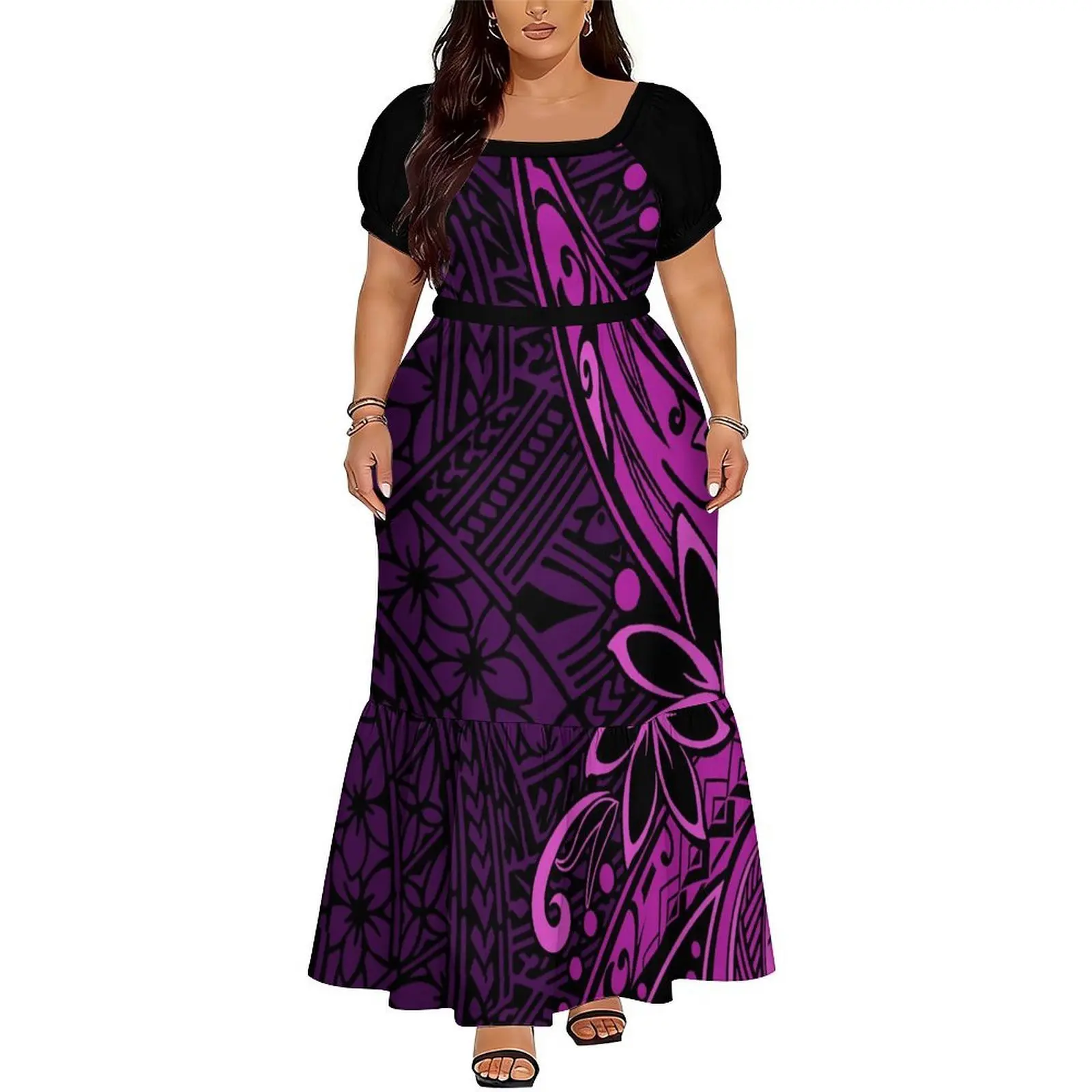 Polynesian-Style Custom-Made Dress Summer Vintage Tribal Patterned Design V-Neck Short-Sleeved Fitted Long Dress