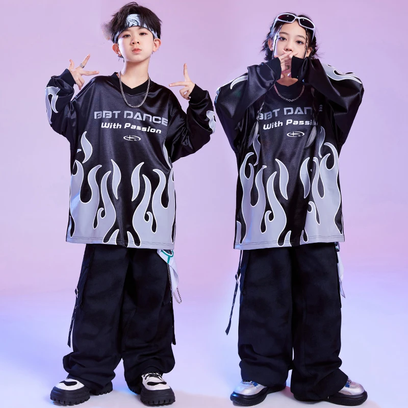 2024 Jazz Dance Drum Costumes For Girls Loose T-Shirt Cargo Pants Streetwear Boys Modern Hip Hop Performance Clothes  DQS18047