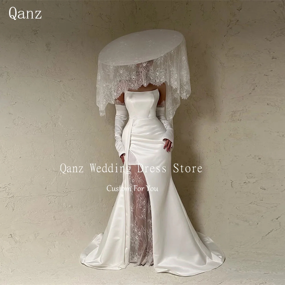 

Qanz White Satin Wedding Dress Women Mermaid Lace Illusion Vestido De Civil Novia Detachable Sleeves Robe De Mariée Customized