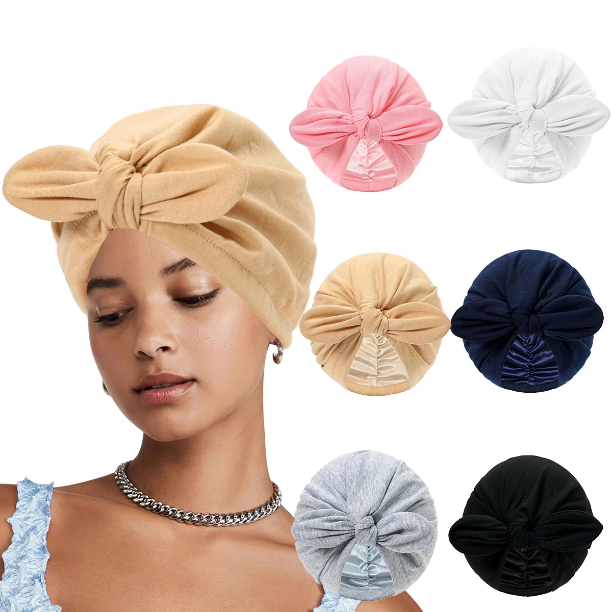 

2025 New Bowknot Turban for Women Head Wrap Solid Color Fashion India Hijab Hat Chemo Cap Ladies Muslim Hair Accessories