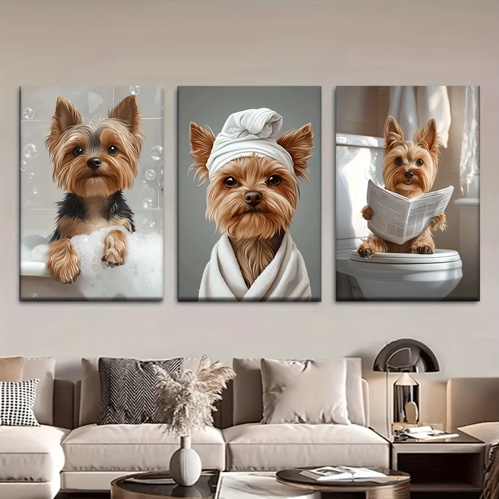 （Noframe 3PCS）-3pcs/Set, Canvas Painting--Unframed, Yorkshire Terrier Bath, Newspaper, Bathroom Decor, Posters And Prints, Li