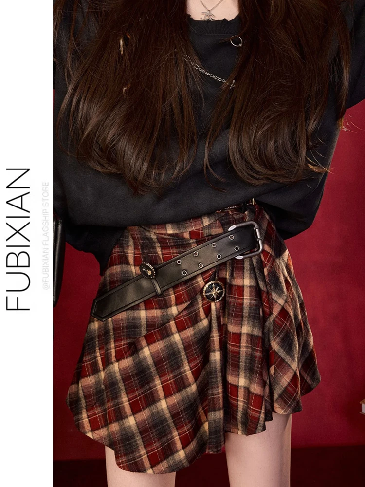 

Плиссированная юбка в клетку в стиле панк с высокой талией, эффект стройности, новинка ранней осени, красно-черная, с эффектом похудения