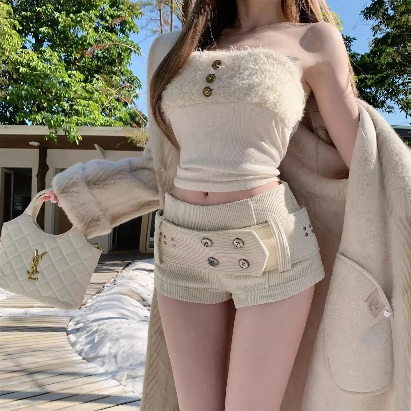 Retro Spice Girl Cordgürtel Damen Hohe Taille Slim Skinny Hip Wrap Hot Pants Shorts