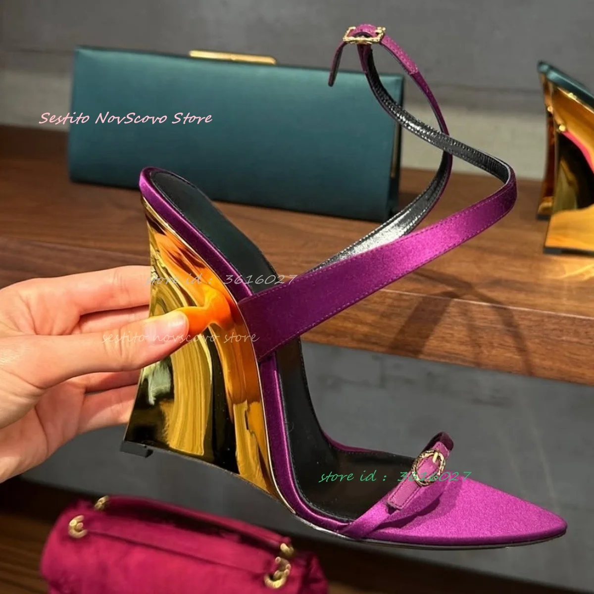 

Атласные сандалии на танкетке с открытым носком и пряжкой, тонкий верх, фиолетовые пикантные женские летние модельные туфли на танкетке с перекрестными ремешками