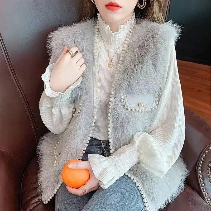 Vest Women 203 Autumn/Winter New Fox Hair Nail Beads Loose Fur Jacket Quilted Fragrant Plush Vest Coat Female Fur Coat Beading