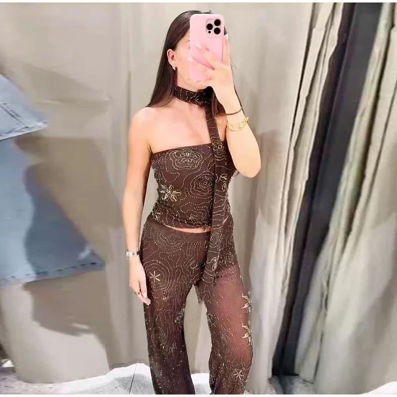 Setelan Vest dan Celana Wanita Bergaya Chic dengan Detail Manik-Manik, Tanpa Lengan, Punggung Terbuka, Crop Top Transparan, Celana Panjang, Pakaian Pesta Musim Panas 2025