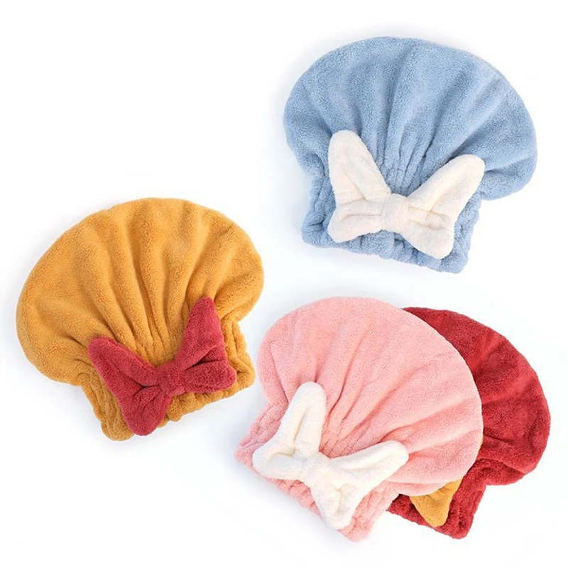 Coral Velvet Hair Drying Towels Super Absorbent Turban Hair Towel Cap Quick Dry Head Wrap Bow-Knot Shower Cap For Wet Hair