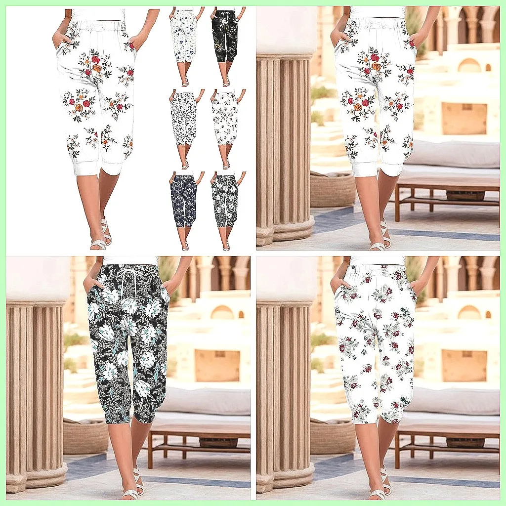 

Vintage Printed Women's Cropped Sweatpants, Loose Fit Joggers with Drawstring Waist & Hem