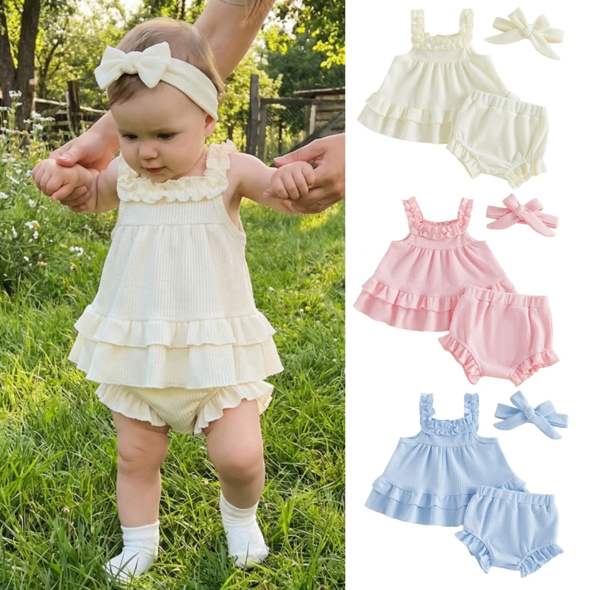 0-24M Baby Girl Summer Outfits Solid Color Waffle Sleeveless Bodydoll Tops PP Shorts Headband 3Pcs Clothes Sets