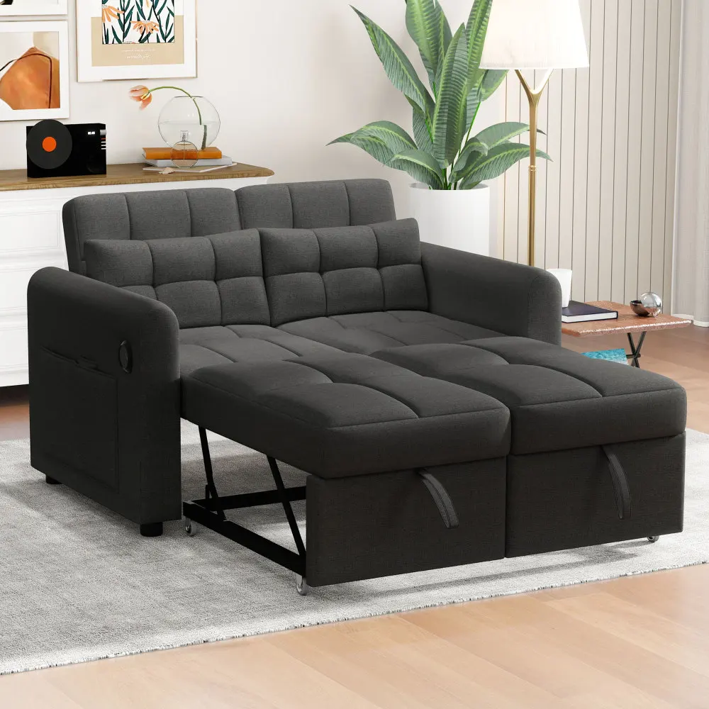 Sofá Loveseat, sofá cama 3 en 1 con respaldo ajustable, USB, bolsillos en los reposabrazos y cojines