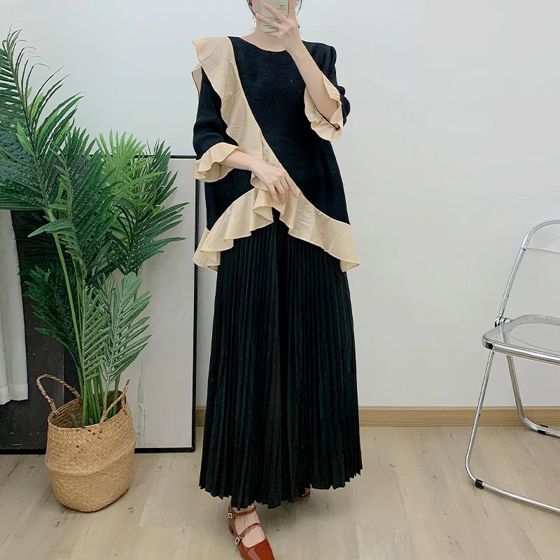 Pleated Set Women's Spring and Autumn 2024 New Ruffled Irregular Top+Casual Wide Leg Pants Versatile Two Piece Set