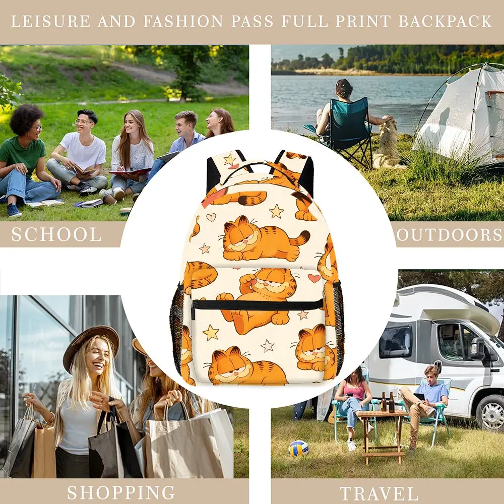 Mochila engraçada do Garfield com estampa de estrela e coração, bolsa escolar fofa de desenho animado para piquenique, acampamento e viagens