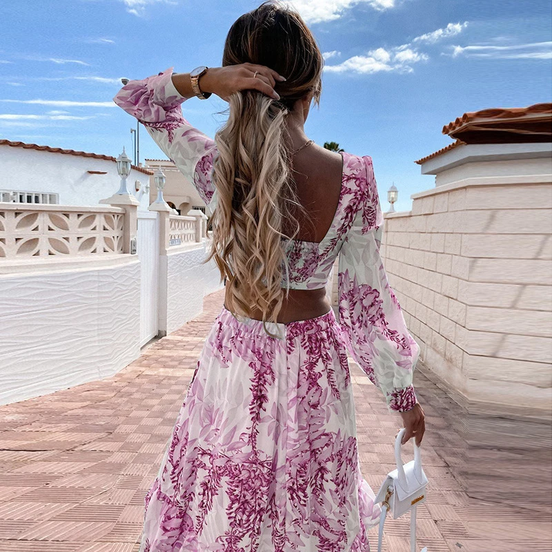 OMSJ-Vestidos largos de manga larga con cuello en V y espalda descubierta para mujer, ropa informal Sexy con estampado bohemio, cintura alta, elegante, vacaciones