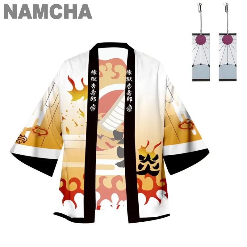 Anime kamado tanjirou cosplay traje kamado nezuko giyuu tomioka quimono capas jaqueta cardigan com clipes de orelha