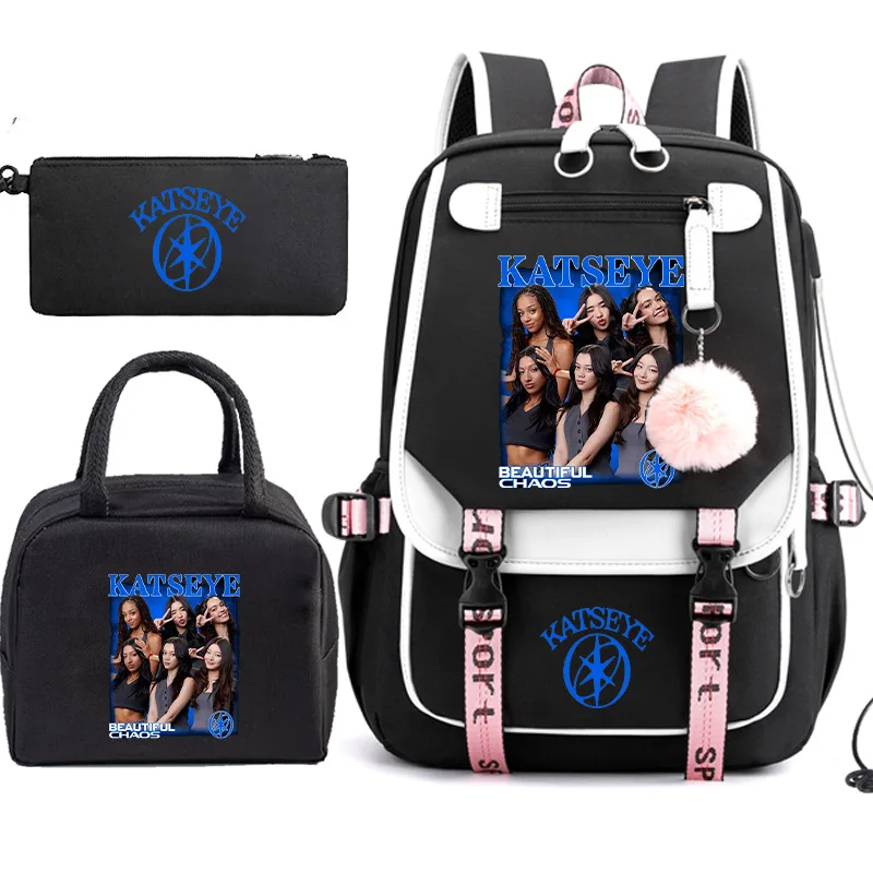 Katseye Korean girl group printed three piece backpack set, color blocking reduces burden campus student backpack can be shipped