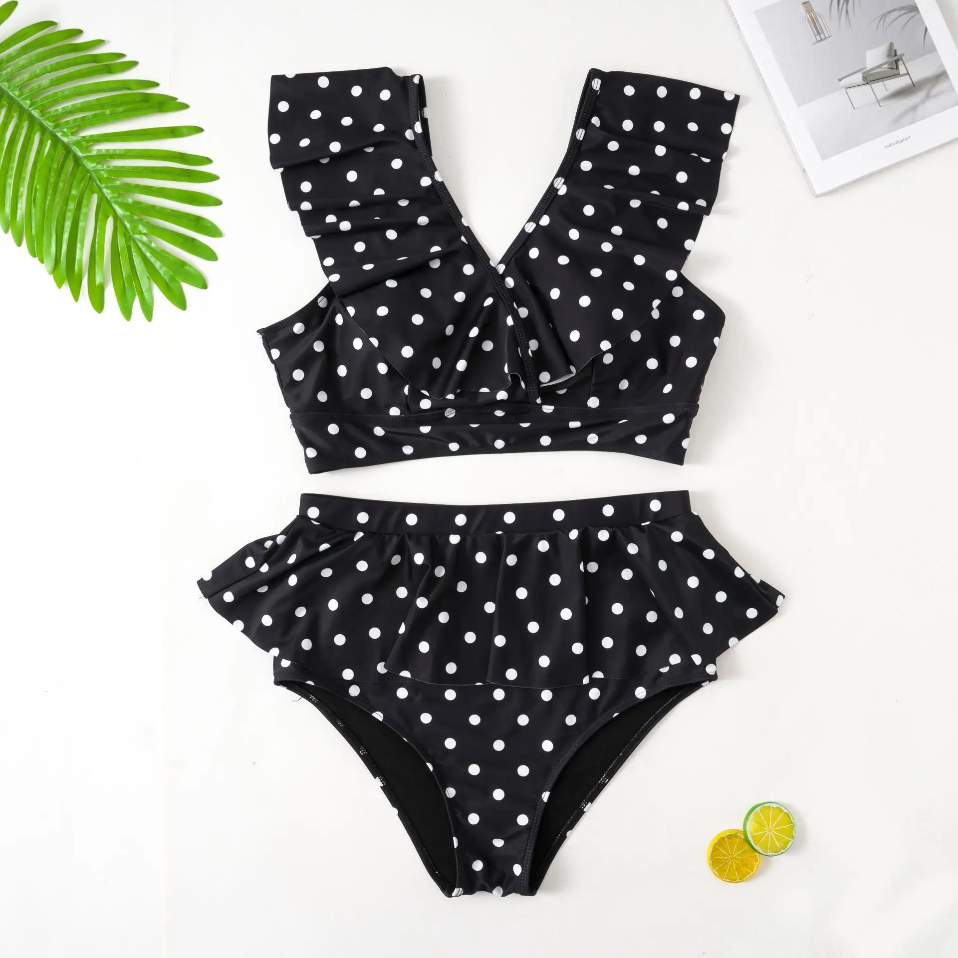 Plus Size Ruffle Dot High Waist Bikini Swimwear Women\'s Swimsuit Beachwear Bathing Suits