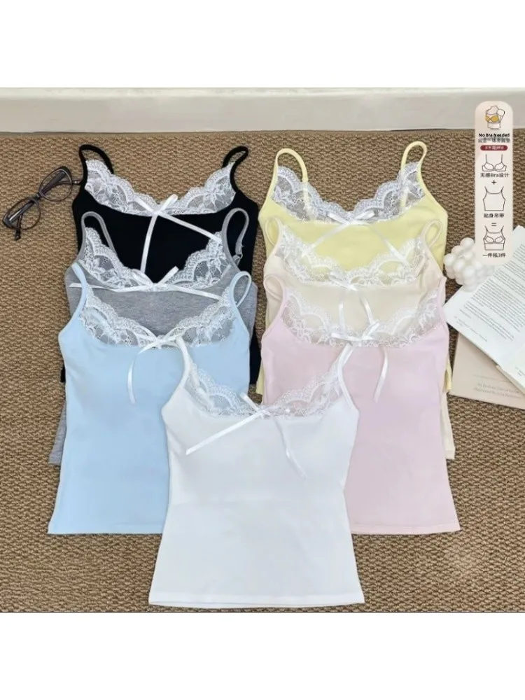 Lace Trim Camisole Tank Top Women's plus Size Slim Fit Underwear Base Layer Outerwear Summer Simple Style Cotton Blend