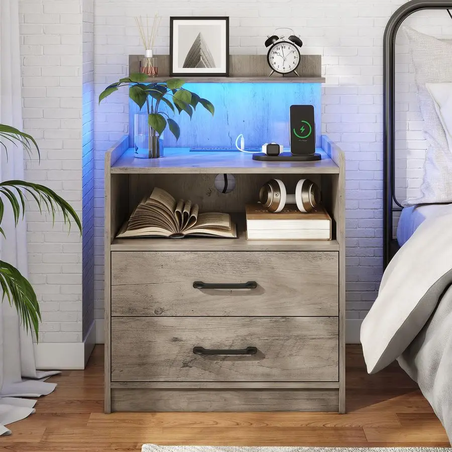 

LED Nightstand with Charging Station, Night Stand with 2 Drawers and Open Storage, Bedside Table with LED Lights, Modern End Ta
