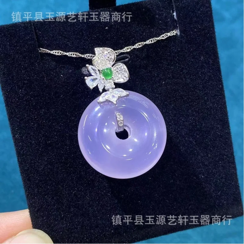 Colgante de plata S925 de diseño original con calcedonia natural violeta y jade blanco hielo, collar con colgante en forma de donut con símbolo de paz.