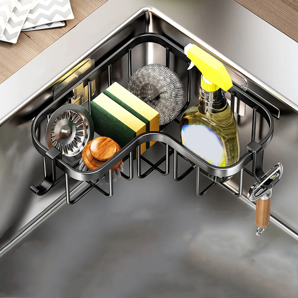 

Carbon Steel Sink Drain Rack Wall Mounted No-Punching Corner Dishcloth Storage Rack Space Saving Waterproof