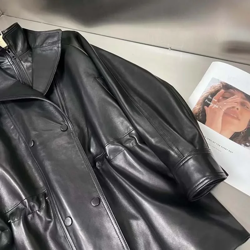 Damen-Jacke aus echtem Leder, normale Länge, Frühlingsmantel, plissierte Taille, doppeltes Revers-Design, natürliches echtes Schaffell