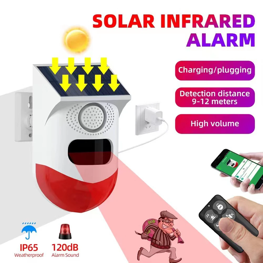 Solar Motion Sensor Alarm Remote Control Security Infrared Siren 120dB Sound Outdoor Alarm Siren USB Charging for Home Farm Yard