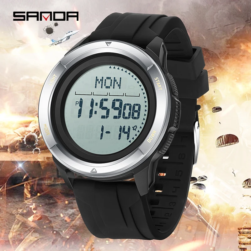 SANDA 2197 ساعة إلكترونية رياضية خارجية مضادة للصدمات ومضادة للسقوط 5ATM مقاومة للماء للرؤية الليلية ضوء بارد خطوة السعرات الحرارية البوصلة