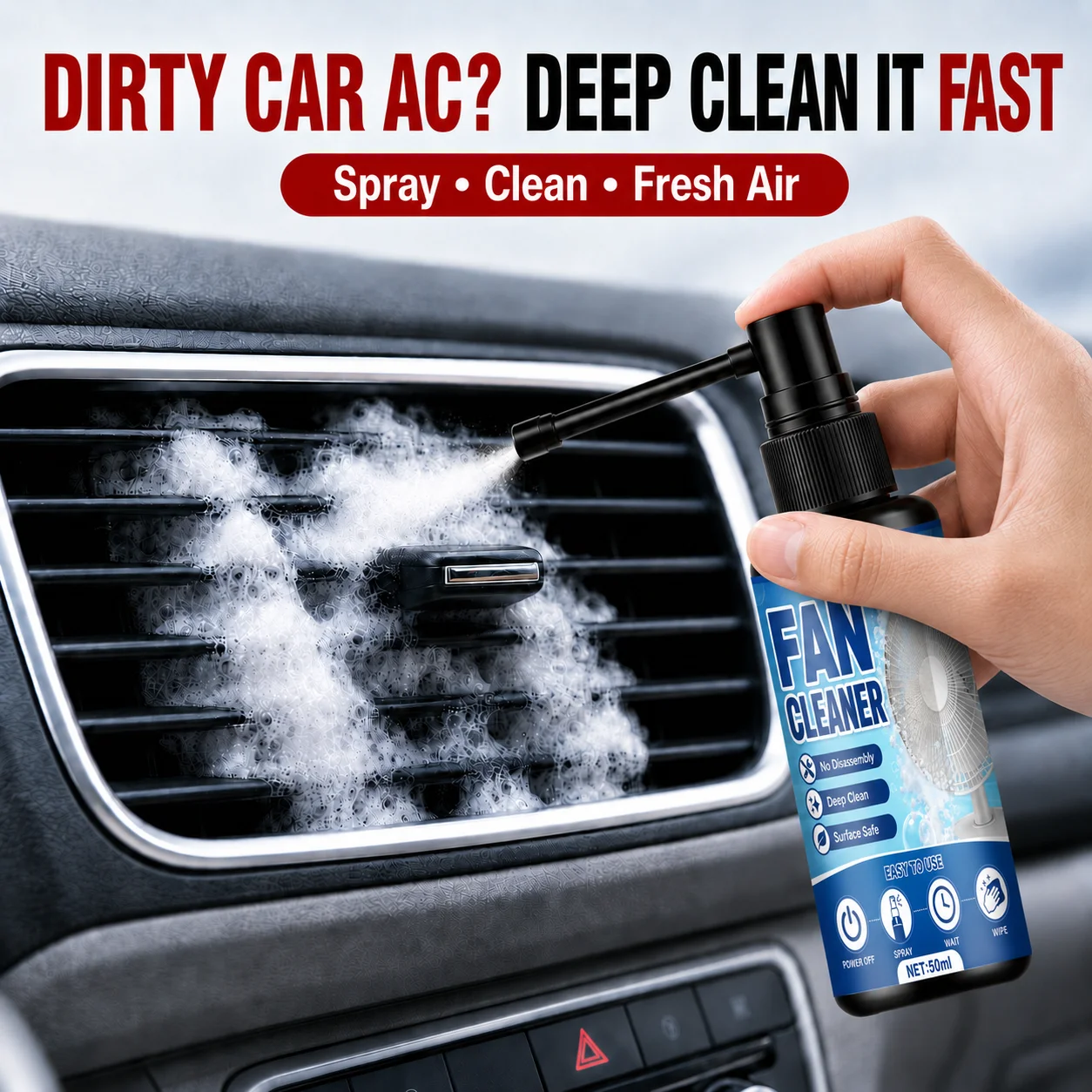 KJM Dual Spray Nozzle Car AC Fan Cleaner Spray 50ml Fast Deep Clean Dust Odor Remover Freshener For Auto Air Vent Household Fans view 2