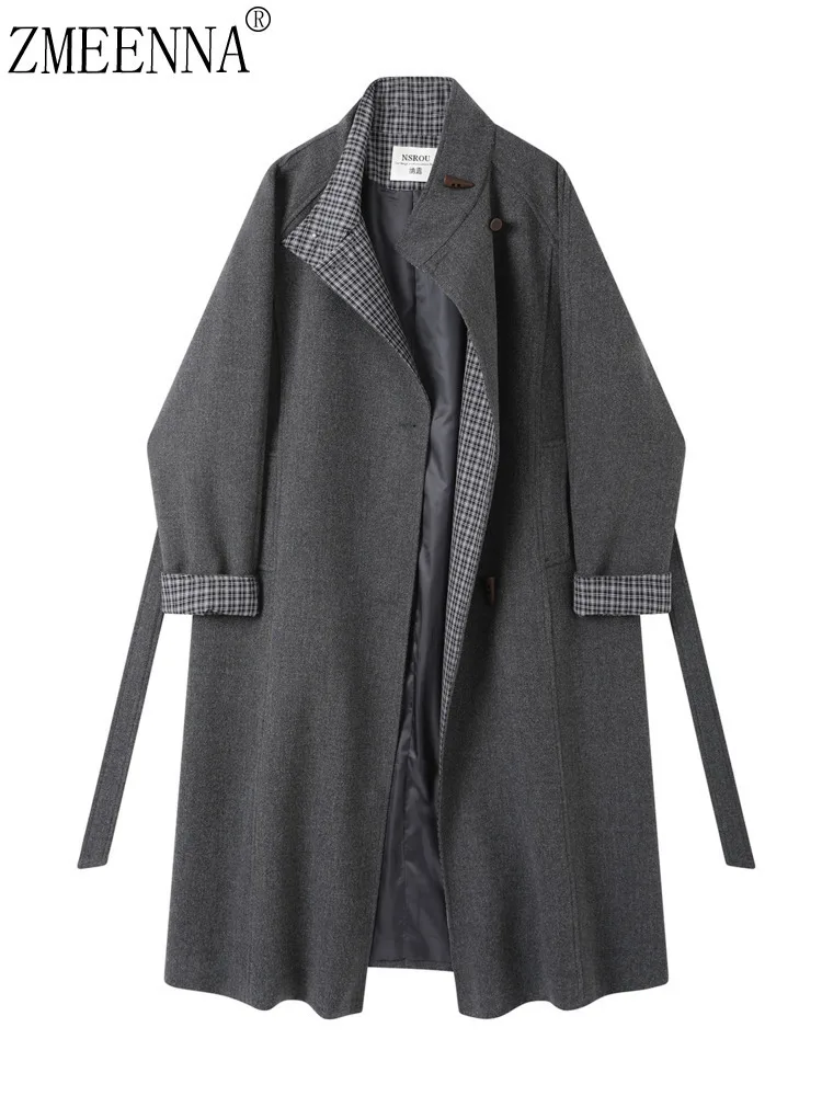 

ZMEENNA женское длинное шерстяное пальто серая куртка с запахом с поясом и высоким воротником в клетку с контрастной подкладкой и манжетами верхняя одежда ZM4271