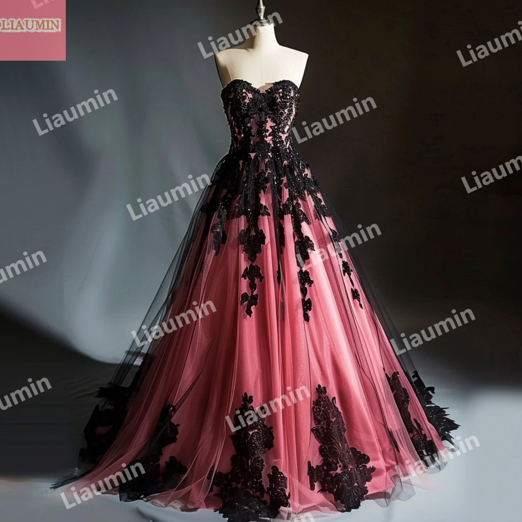 Pink And Black Tulle Lace Applique Strapless Evening Prom Dresses Bridal Gowns Full Length For Formal Occasion Clothing W15-43.1