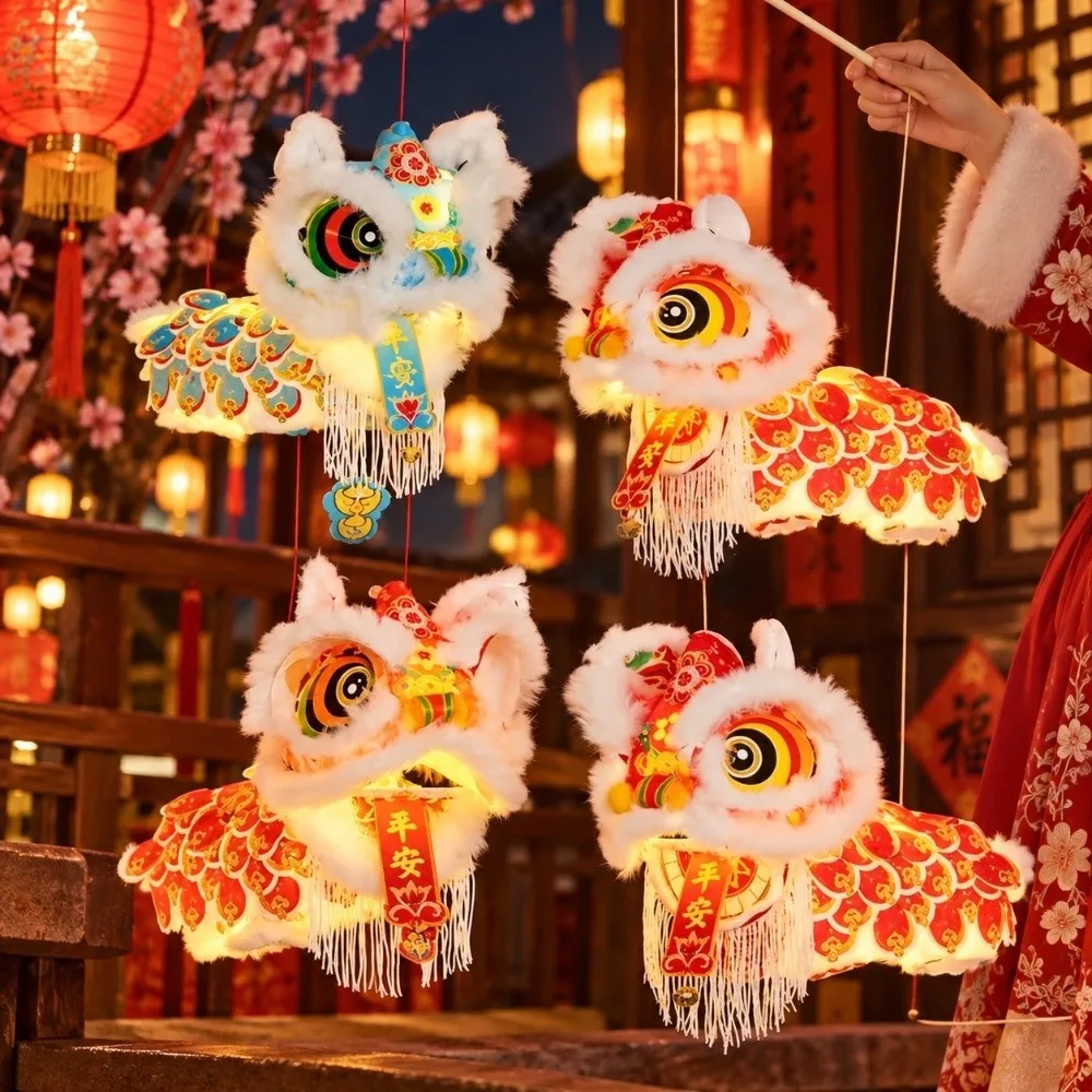 Plastic Lion Dance Lantern Ancient Style Handmade Handheld Lantern with Tassel Waterproof Luminous Lantern Toy Kids Craft
