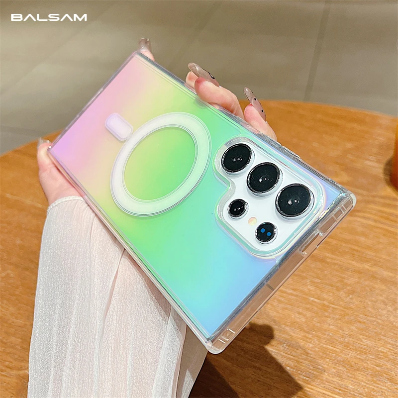 

Laser Gradient For Magsafe Wireless Charge Magnetic Case For Samsung S25 S24 S22 S21 Plus S23 FE Ultra Shockproof Clear Cover