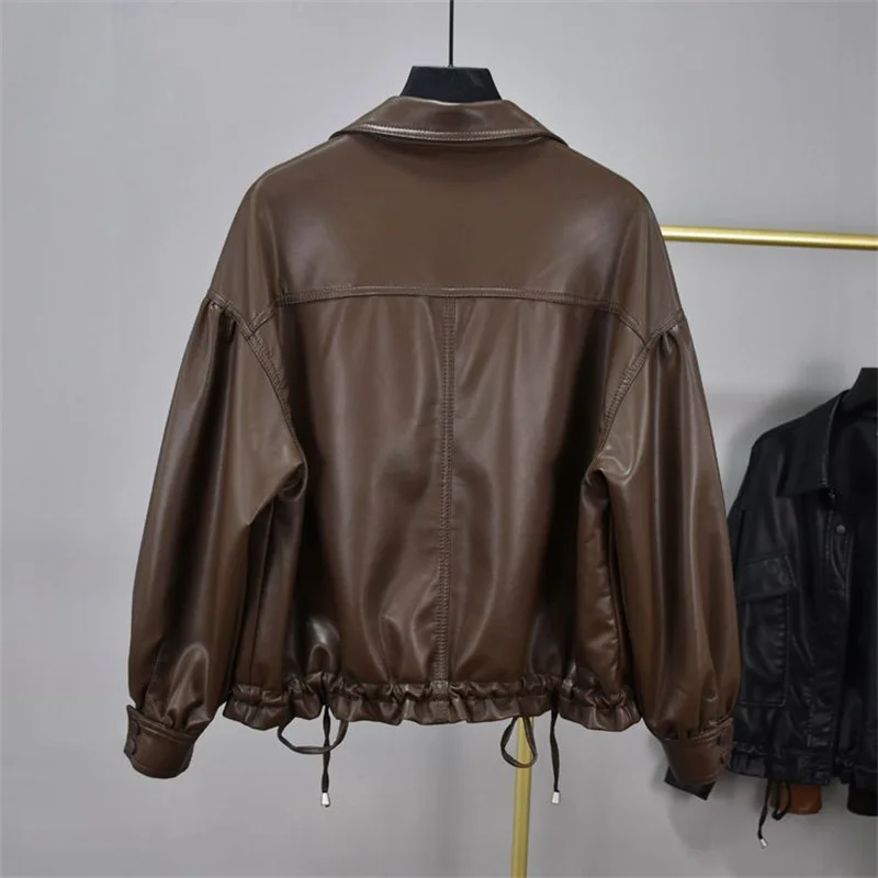 PU Small Leather Jacket Women 2025 New Coat Europe Spring Autumn Short Fashion Outerwear Motorcycle Drawstring Overcoat Female