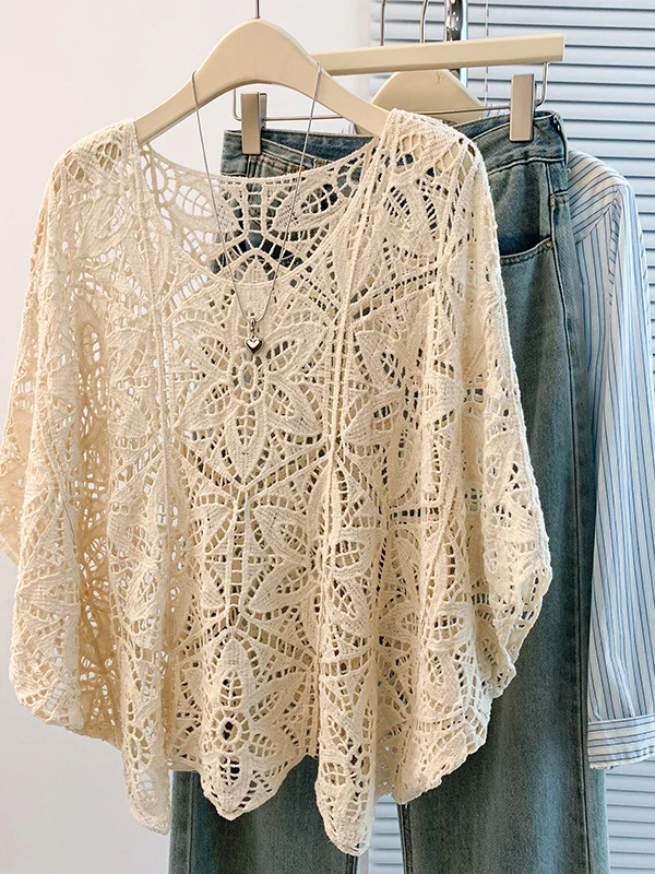 

n Lace Hollow out Oversize Women's irt Spring New Sle Batwing Sve Pullover Casual Faion plus Size Top