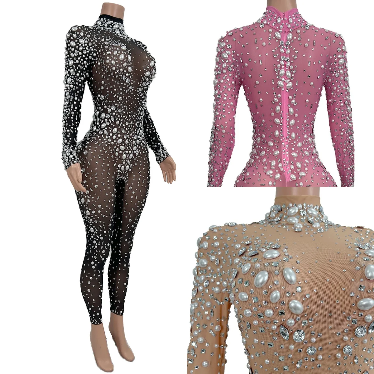 

Women Geometric Diamonds Long Sleeved Stretch Tight Jumpsuit Bar Nightclub DJ Female Singer Stage Performance Clothing Tiaoliao