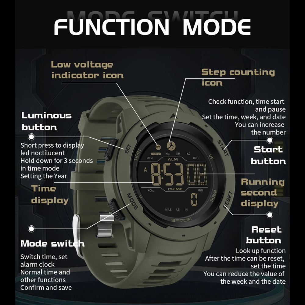 Sanda 2145 Calorie Pedometer Alarm Clock Waterproof Multifunctional Mountaineering Sports Watch