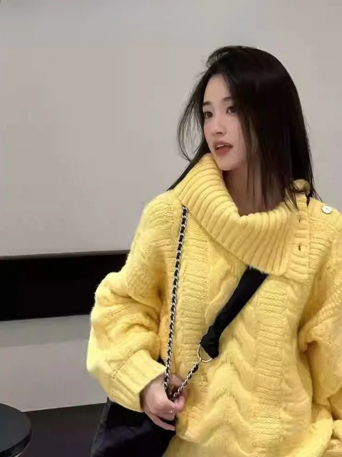 فضفاضة تناسب عالية Ne الأصفر تويست سترة المرأة محبوك الأعلى العصرية الخريف الشتاء جديد وصول مريحة لينة طويلة Sve