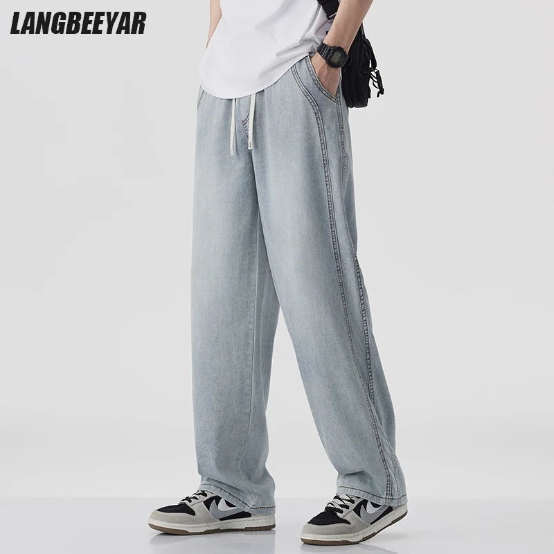 

Top Quality Lyocell Fabric New Brand Casual Fashion Loose Fit Jean Pants Straight Elastic Stretch Denim Trousers Men Clothes