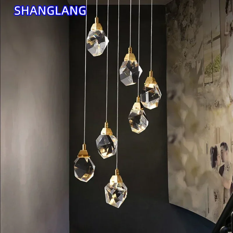 Long Diamond Crystal Ball Chandelier For Staircase Luxury Living Room Led Cristal Lamp Modern Home Decor Gold Led Light Fixture